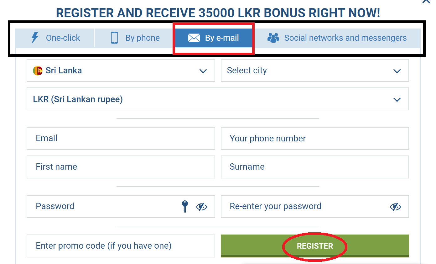 1xBet register new account with Email